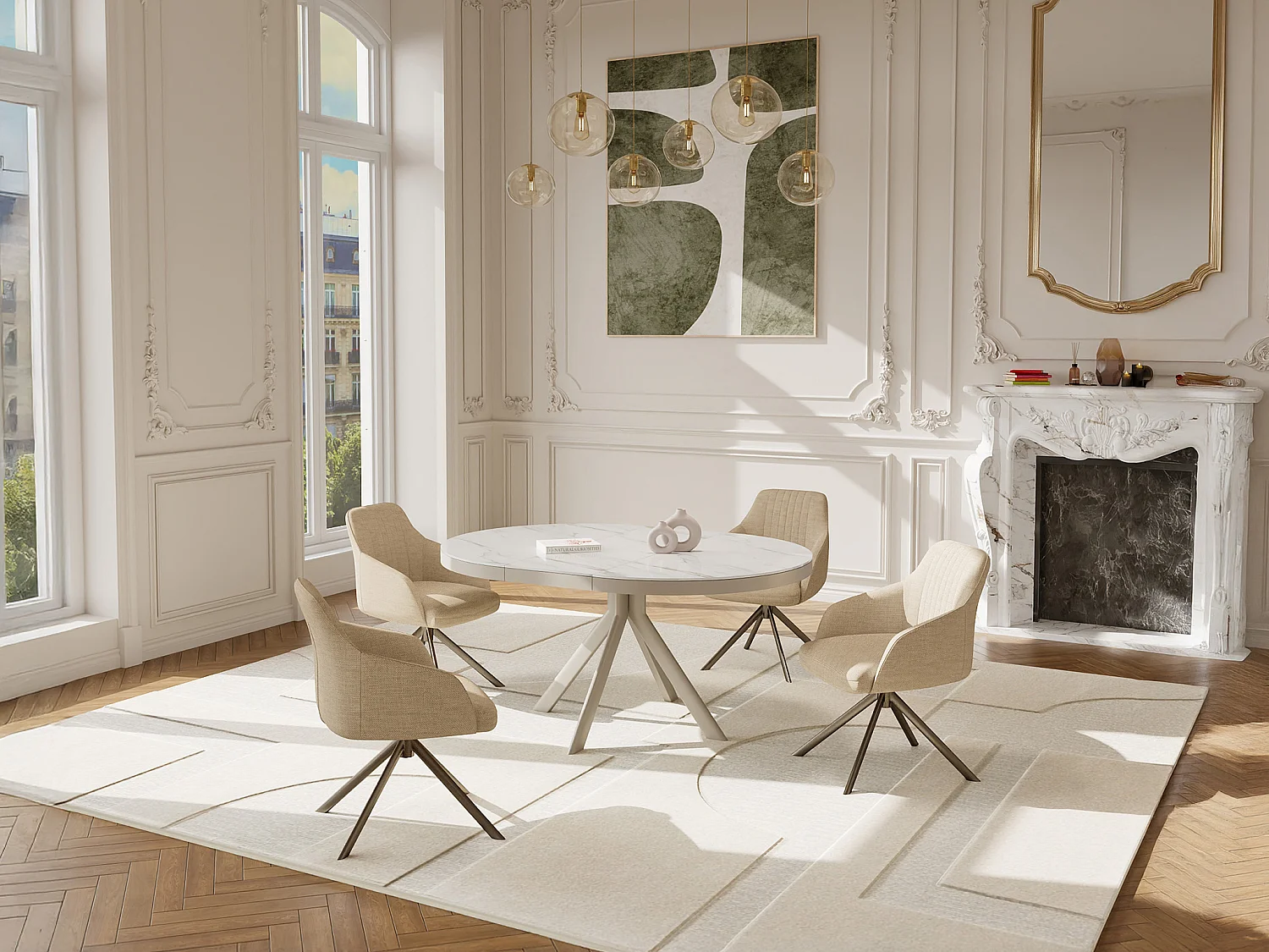 Table à manger extensible 4 à 6 personnes en céramique, MDF et métal - Effet marbre blanc et beige - ZALYRA