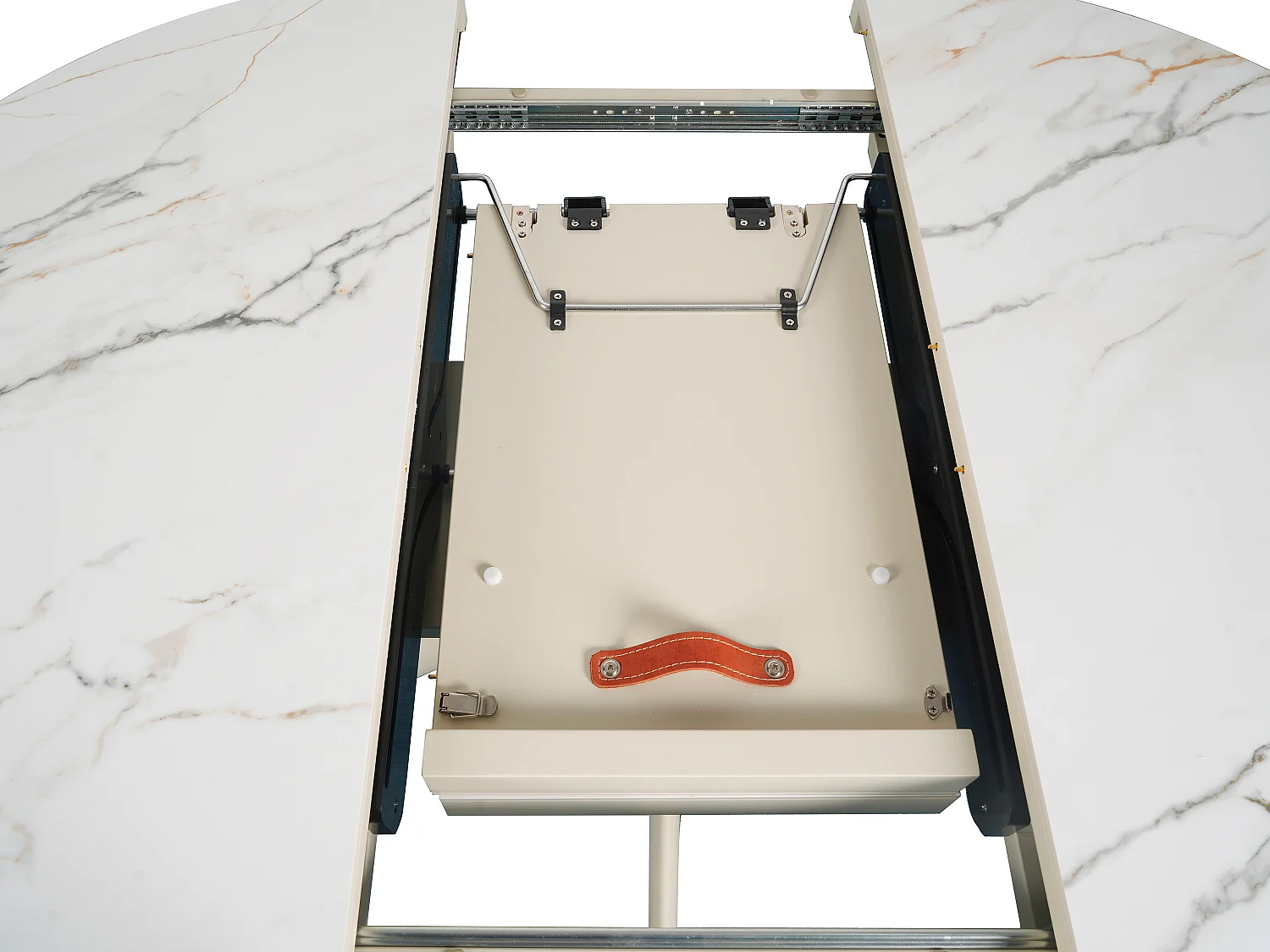 Table à manger extensible 4 à 6 personnes en céramique, MDF et métal - Effet marbre blanc et beige - ZALYRA