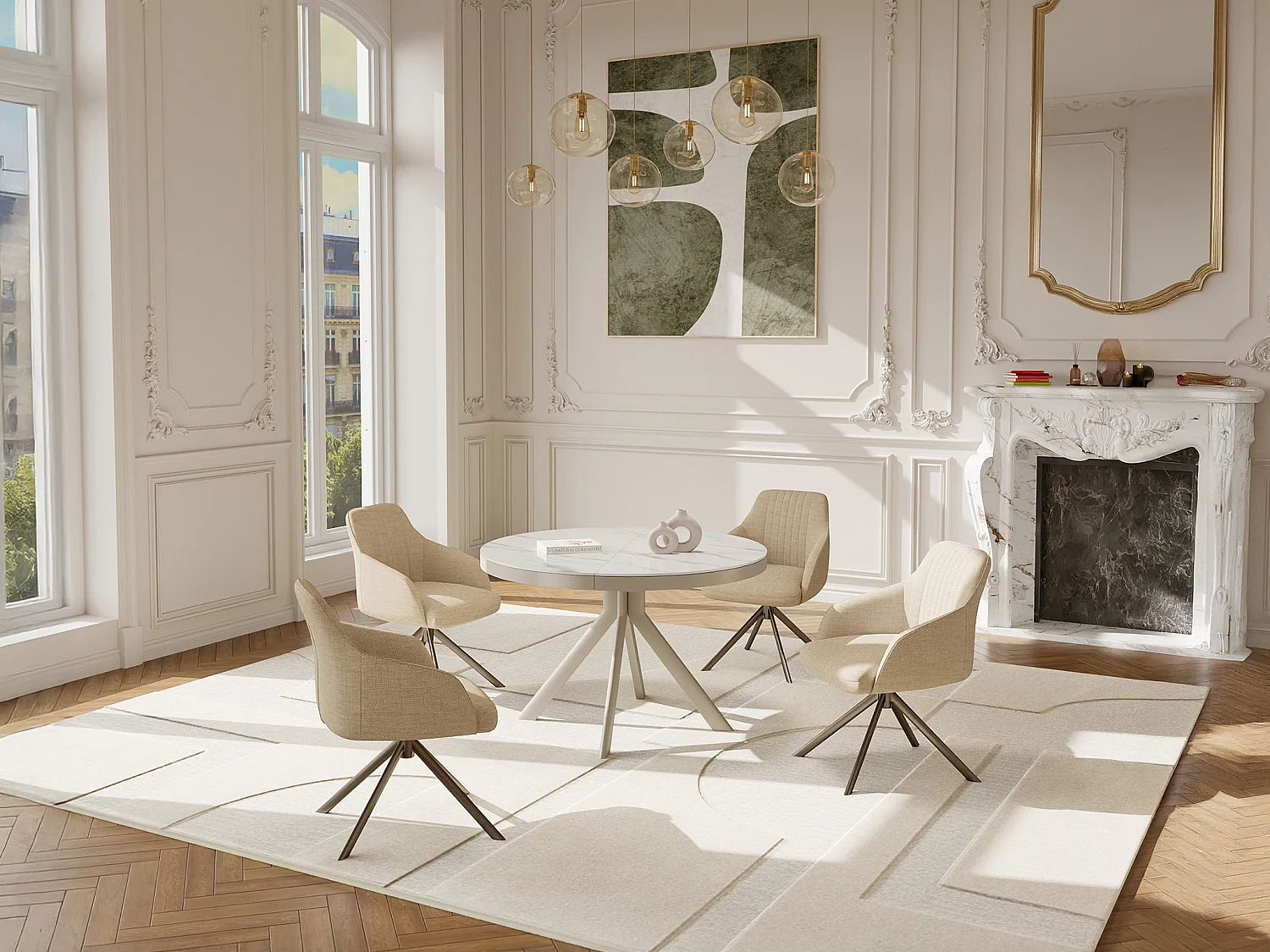 Table à manger extensible 4 à 6 personnes en céramique, MDF et métal - Effet marbre blanc et beige - ZALYRA