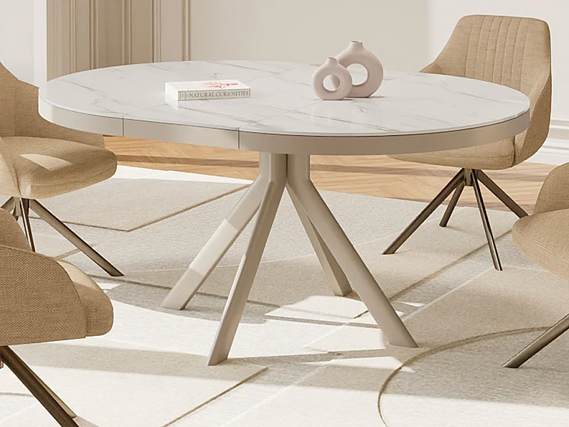 Tavolo da pranzo allungabile 4-6 persone in ceramica, MDF e metallo - Effetto marmo bianco e beige - ZALYRA