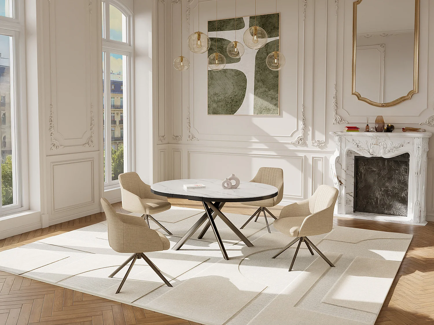 Table à manger extensible 4 à 6 personnes en céramique, MDF et métal - Effet marbre blanc et bronze - FEROLA