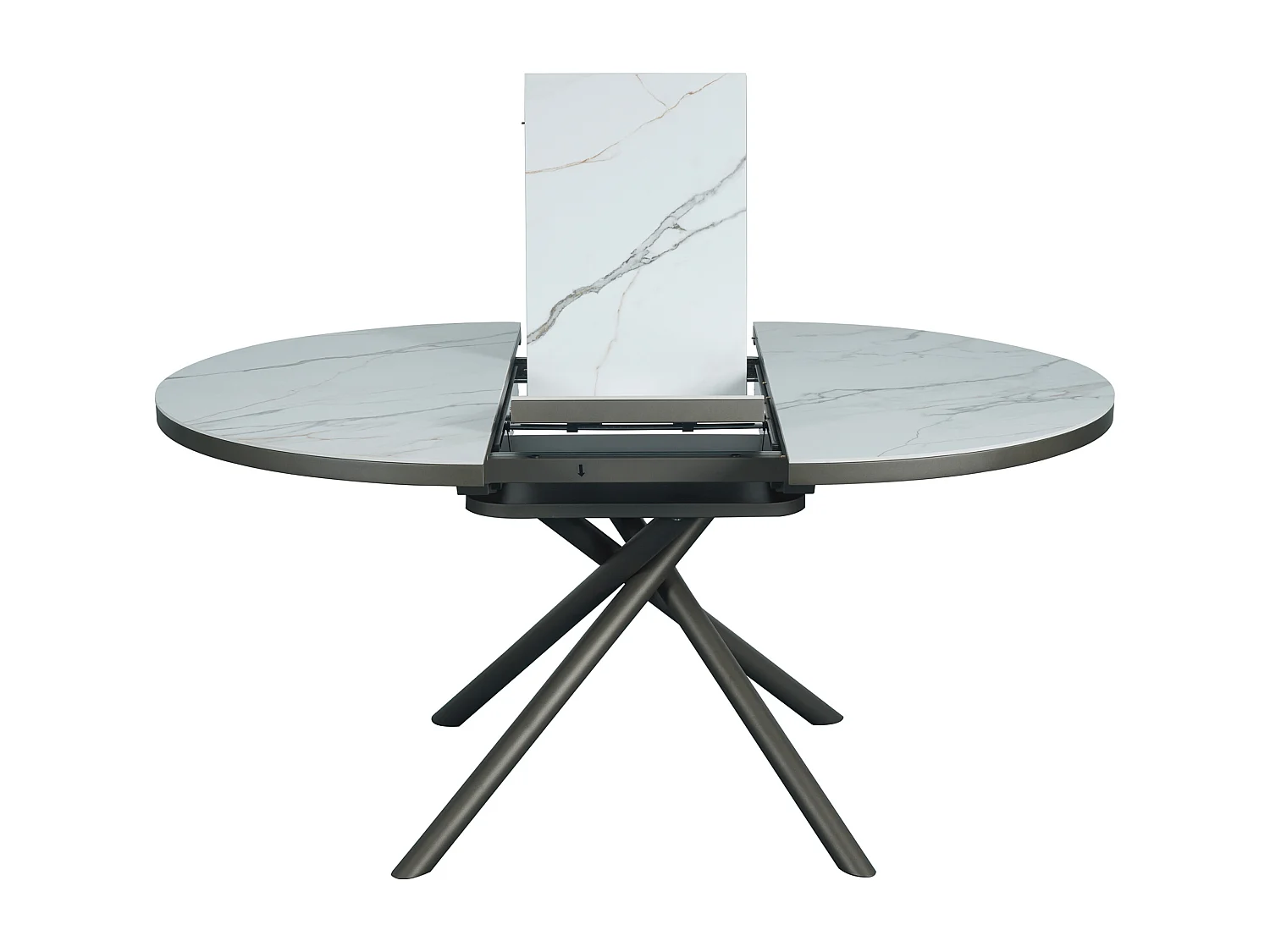 Table à manger extensible 4 à 6 personnes en céramique, MDF et métal - Effet marbre blanc et bronze - FEROLA