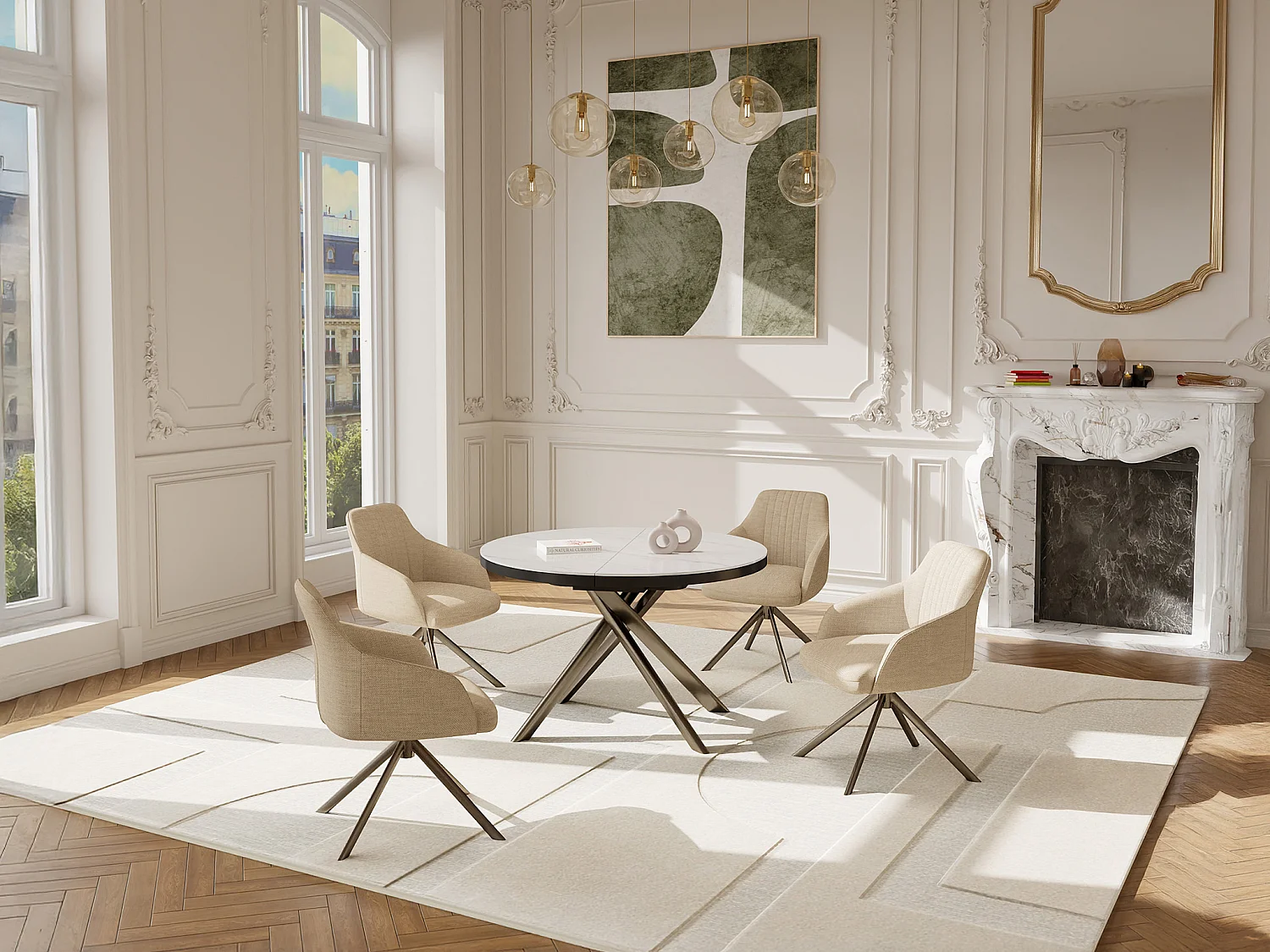 Table à manger extensible 4 à 6 personnes en céramique, MDF et métal - Effet marbre blanc et bronze - FEROLA