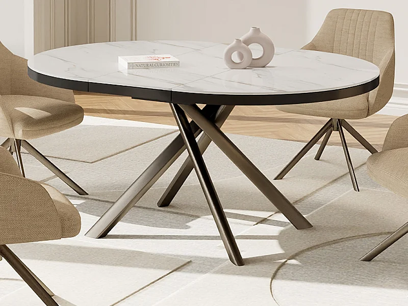 Tavolo da pranzo allungabile da 4 a 6 persone in ceramica, MDF e metallo - Effetto marmo bianco e bronzo - FEROLA