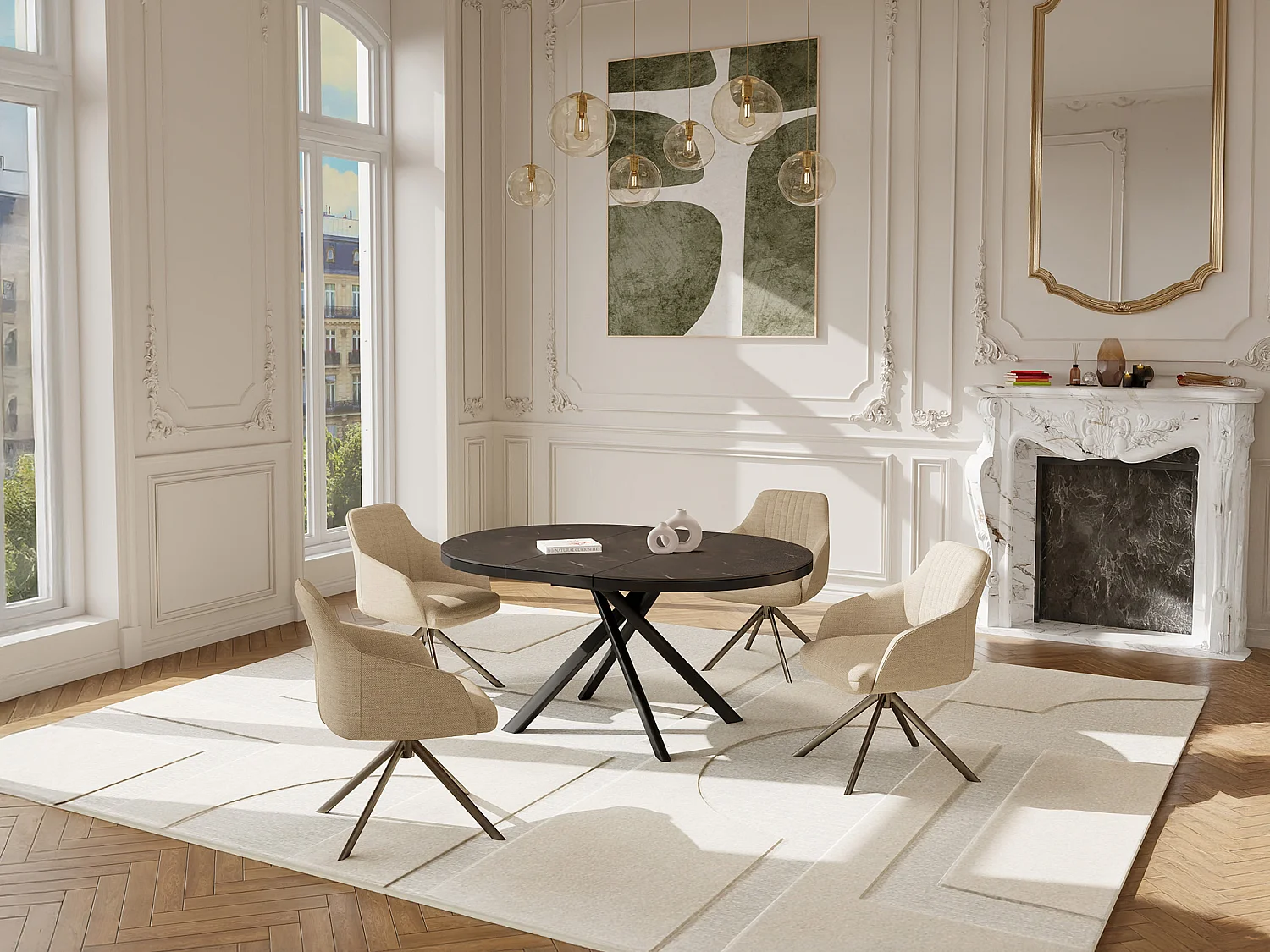 Table à manger extensible 4 à 6 personnes en céramique, MDF et métal - Effet marbre marron et gris - FEROLA