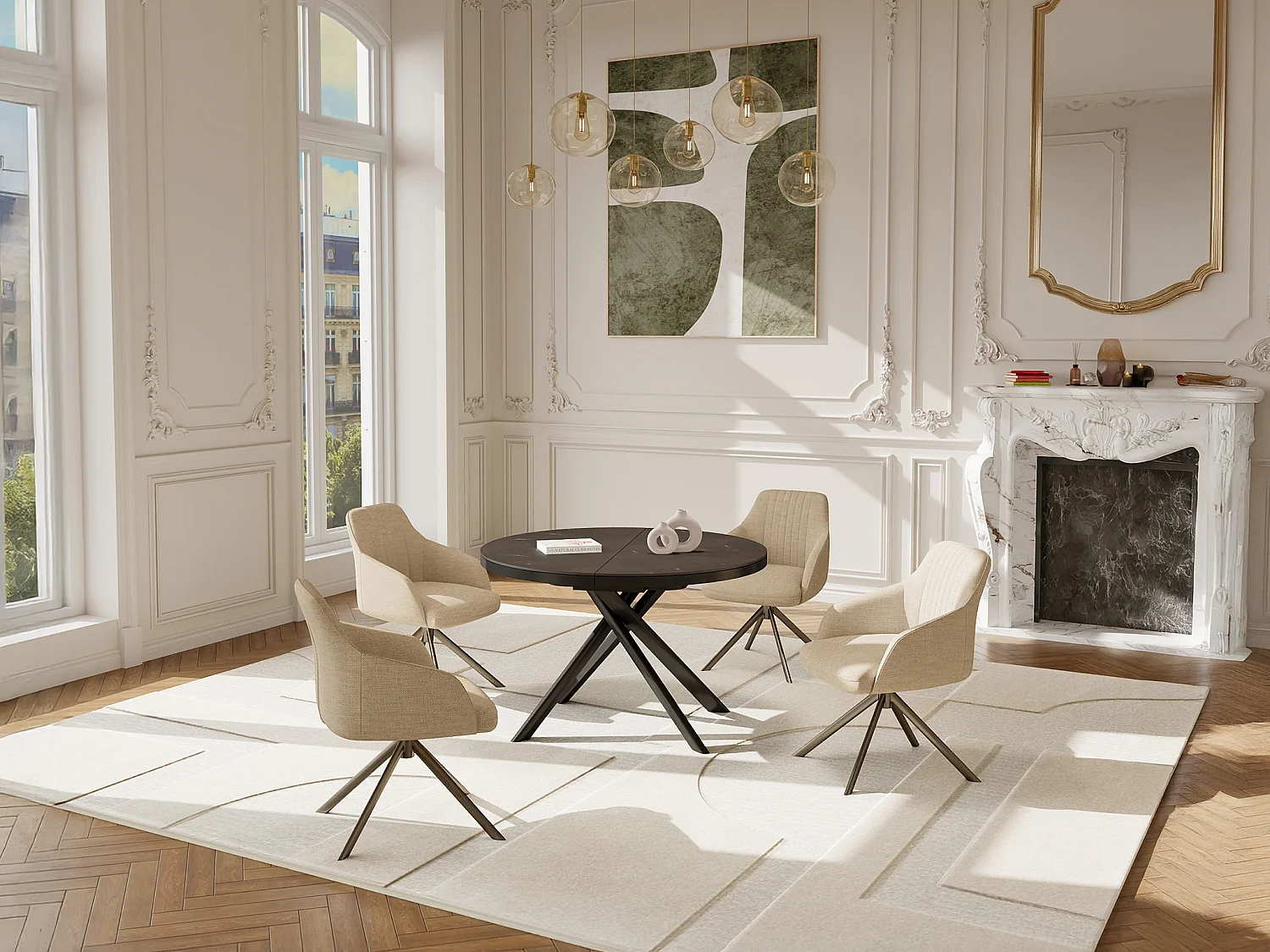 Table à manger extensible 4 à 6 personnes en céramique, MDF et métal - Effet marbre marron et gris - FEROLA