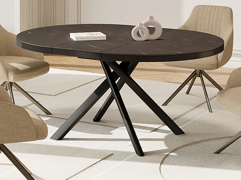 Table à manger extensible 4 à 6 personnes en céramique, MDF et métal - Effet marbre marron et gris - FEROLA