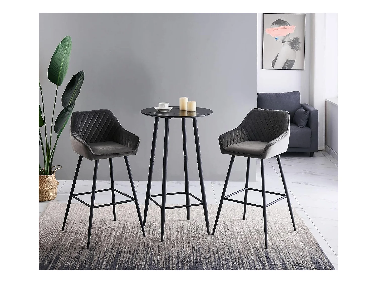 Lot de 2 tabourets de bar, siège en velours avec dossier, accoudoir et repose-pieds métallique, pour bistrots,bar ou bureaux (2, Gris)