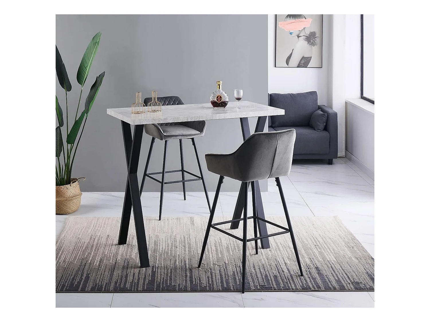 Lot de 2 tabourets de bar, siège en velours avec dossier, accoudoir et repose-pieds métallique, pour bistrots,bar ou bureaux (2, Gris)