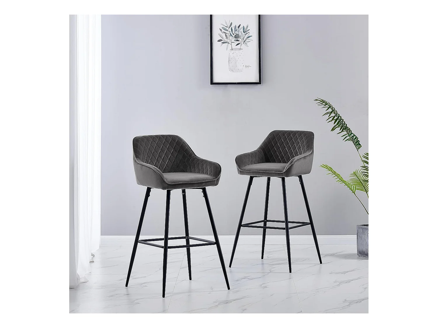 Lot de 2 tabourets de bar, siège en velours avec dossier, accoudoir et repose-pieds métallique, pour bistrots,bar ou bureaux (2, Gris)