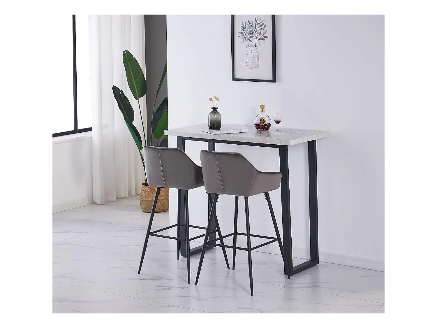 Lot de 2 tabourets de bar, siège en velours avec dossier, accoudoir et repose-pieds métallique, pour bistrots,bar ou bureaux (2, Gris)