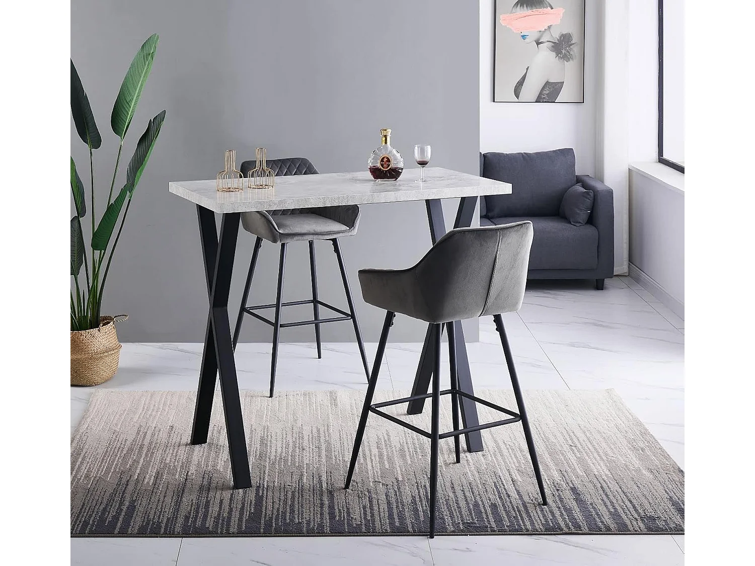 Lot de 2 tabourets de bar, siège en velours avec dossier, accoudoir et repose-pieds métallique, pour bistrots,bar ou bureaux (2, Gris)