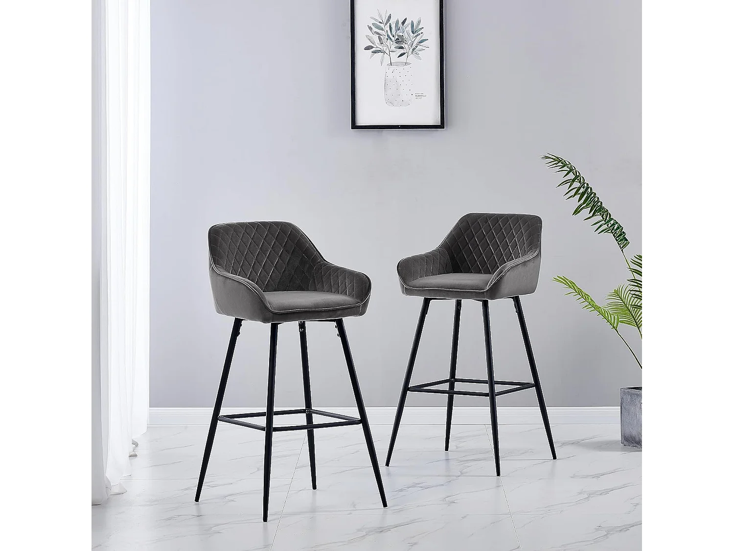 Lot de 2 tabourets de bar, siège en velours avec dossier, accoudoir et repose-pieds métallique, pour bistrots,bar ou bureaux (2, Gris)