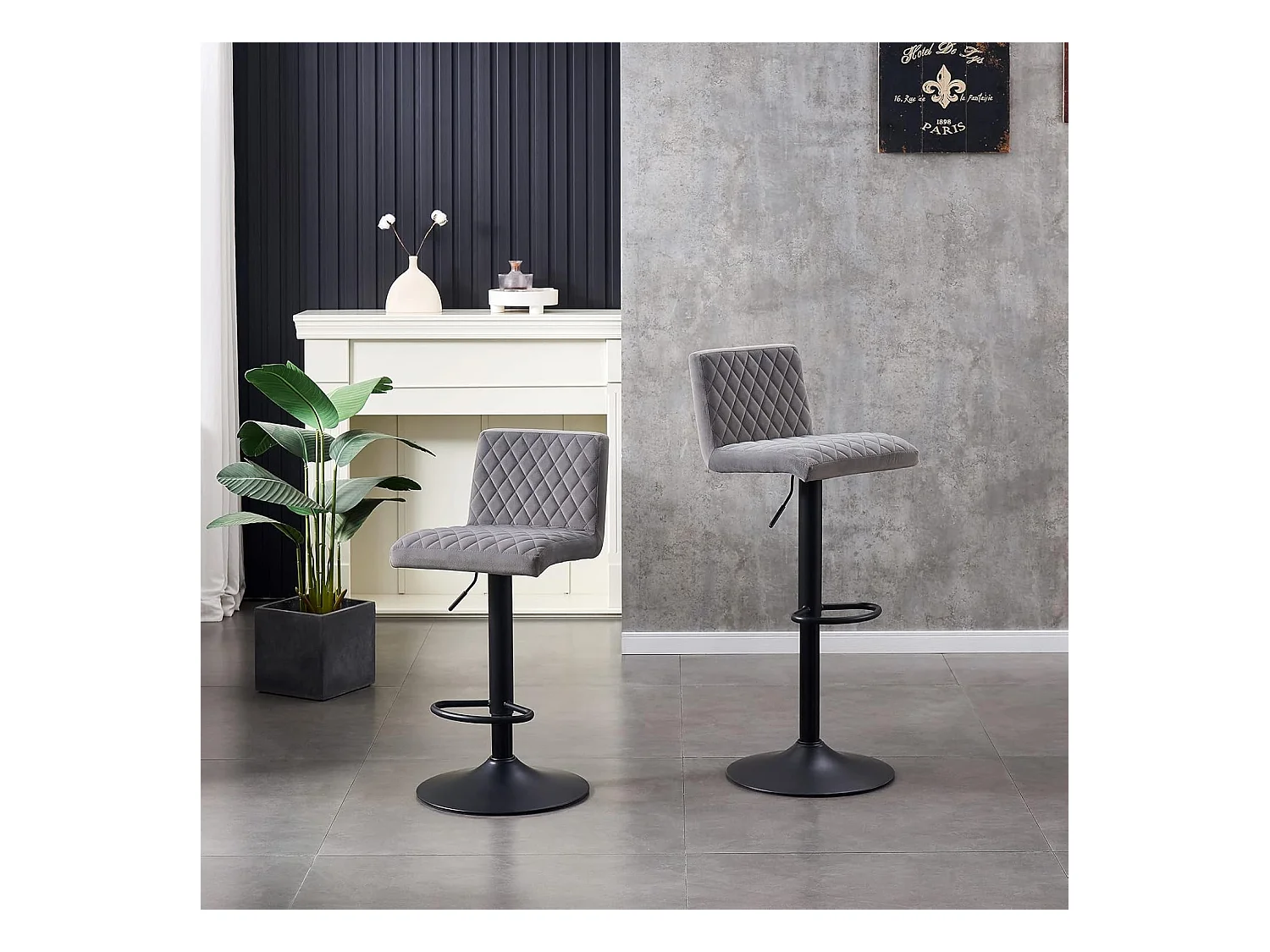 Lot de 2 Tabourets de Bar avec Dossier,Hauteur Réglable ,Repose-Pieds,360° Rotation, pour Bistrots,Bar ou Bureau (2, Gris)