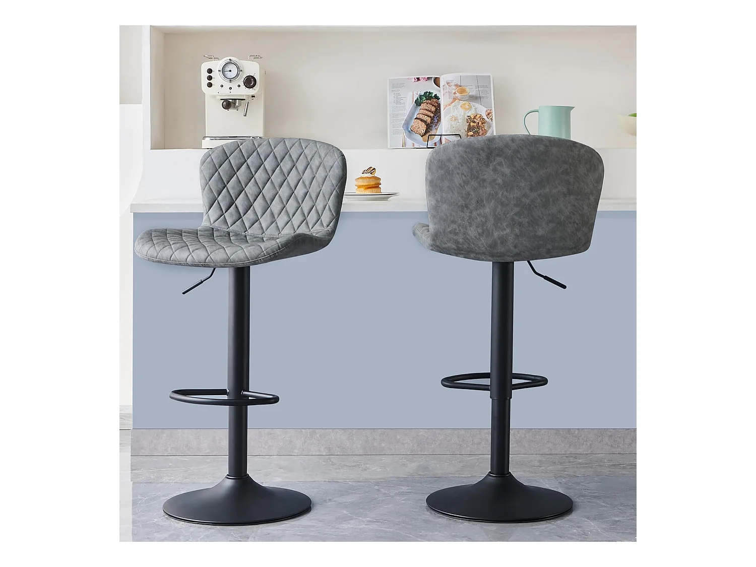 Lot de 2 tabourets de Bar en Simili Cuir avec Dossier, Hauteur réglable, pivotants à 360°, pour Bar, Cuisine, Bistro, Salle à Manger et café (2, Gris)
