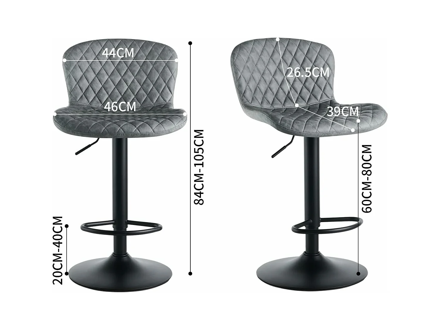 Lot de 2 tabourets de Bar en Simili Cuir avec Dossier, Hauteur réglable, pivotants à 360°, pour Bar, Cuisine, Bistro, Salle à Manger et café (2, Gris)