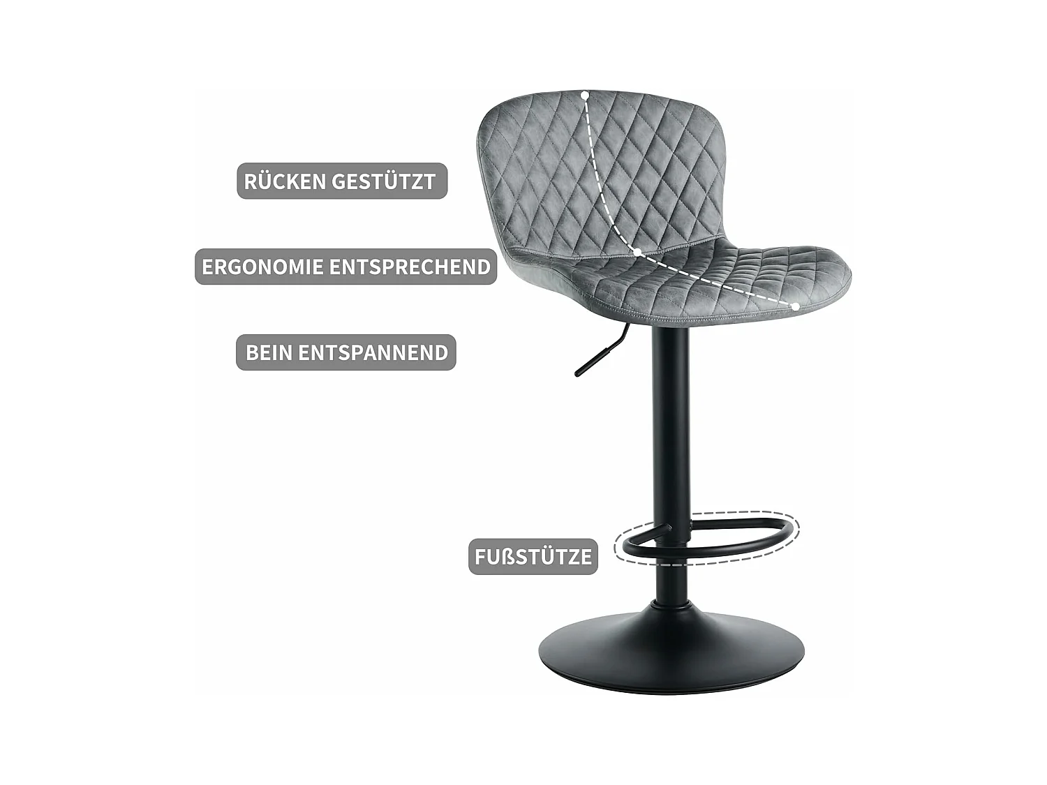Lot de 2 tabourets de Bar en Simili Cuir avec Dossier, Hauteur réglable, pivotants à 360°, pour Bar, Cuisine, Bistro, Salle à Manger et café (2, Gris)