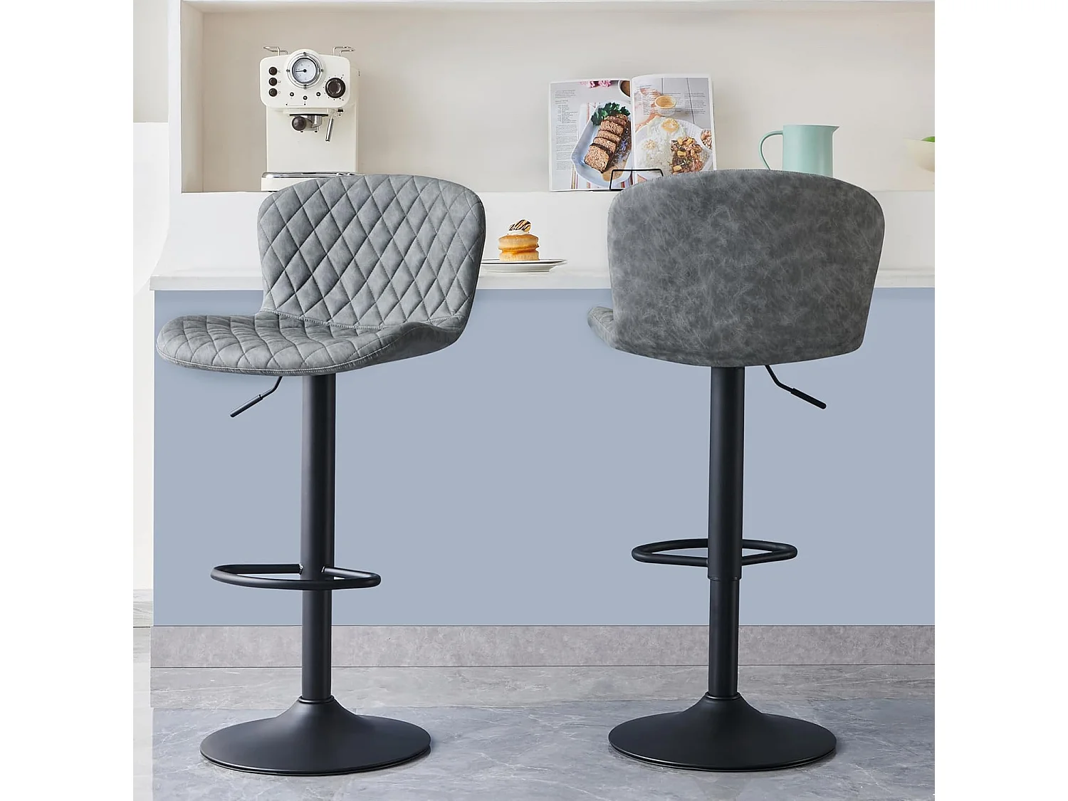 Lot de 2 tabourets de Bar en Simili Cuir avec Dossier, Hauteur réglable, pivotants à 360°, pour Bar, Cuisine, Bistro, Salle à Manger et café (2, Gris)