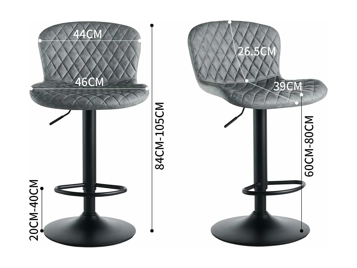 Lot de 2 tabourets de Bar en Simili Cuir avec Dossier, Hauteur réglable, pivotants à 360°, pour Bar, Cuisine, Bistro, Salle à Manger et café (2, Gris)