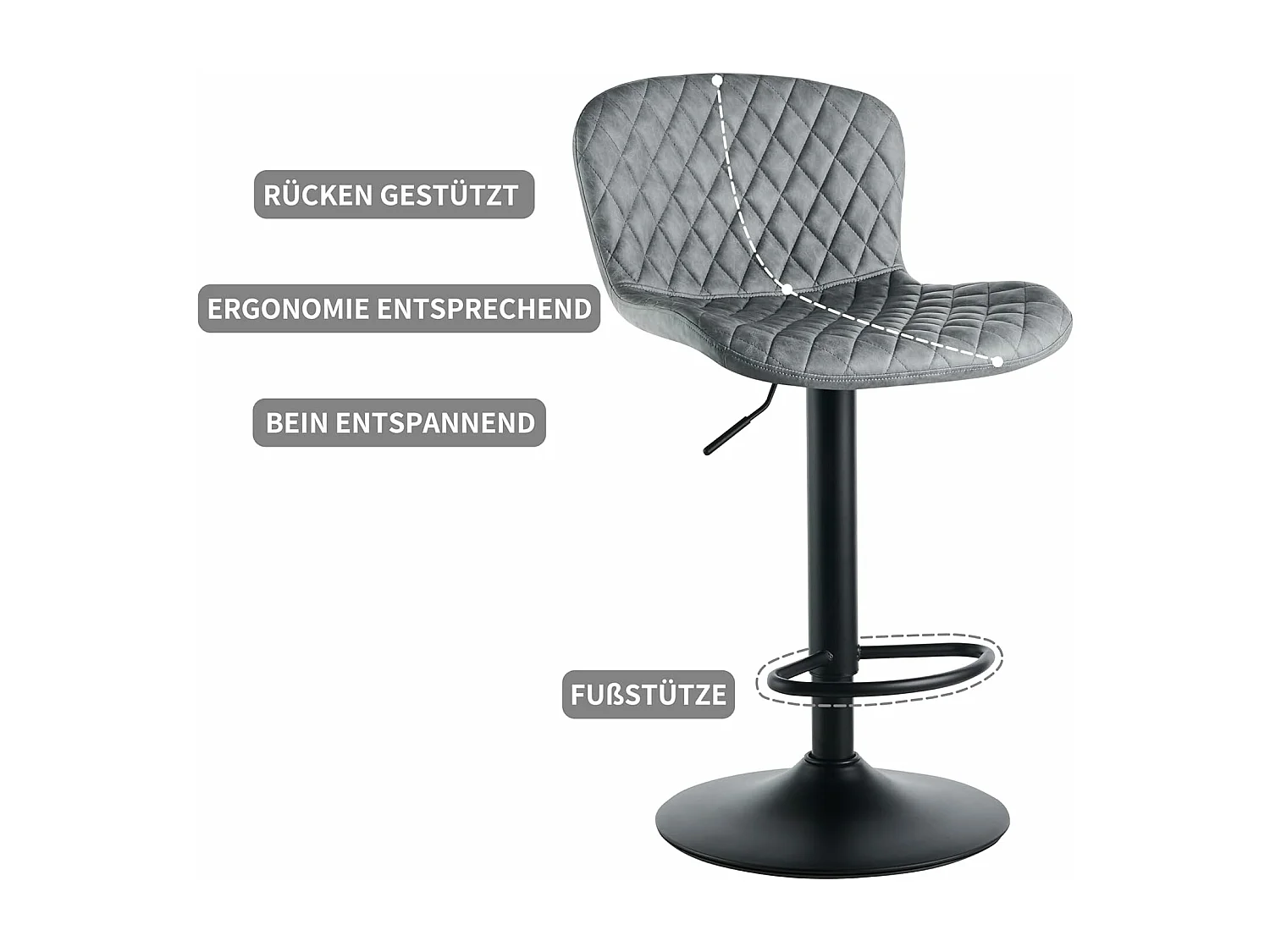 Lot de 2 tabourets de Bar en Simili Cuir avec Dossier, Hauteur réglable, pivotants à 360°, pour Bar, Cuisine, Bistro, Salle à Manger et café (2, Gris)