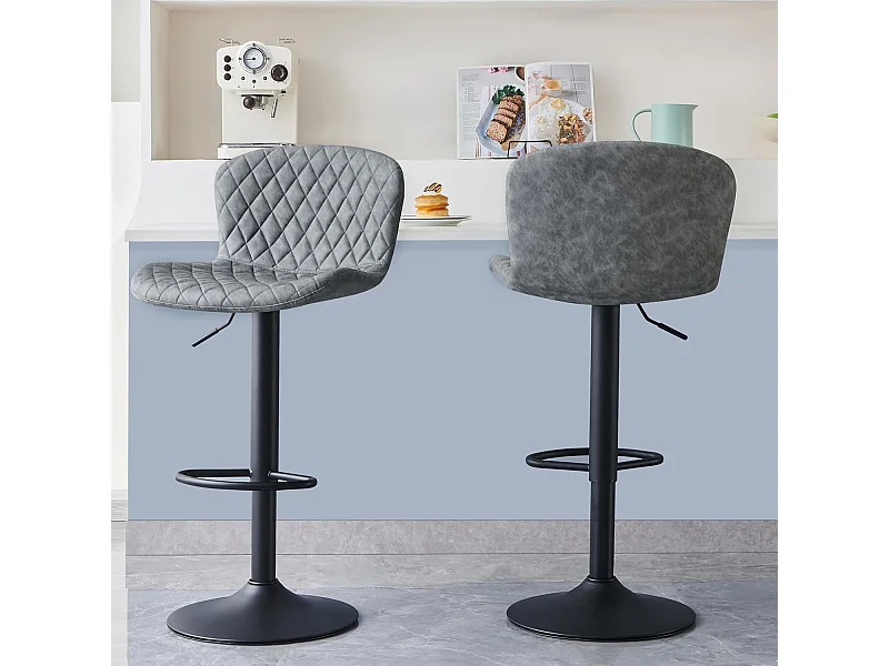 Lot de 2 tabourets de Bar en Simili Cuir avec Dossier, Hauteur réglable, pivotants à 360°, pour Bar, Cuisine, Bistro, Salle à Manger et café (2, Gris)