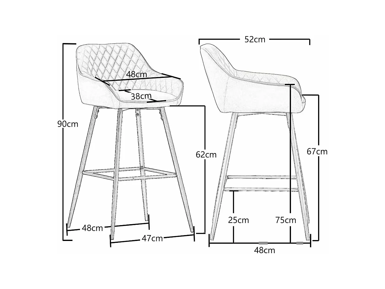 Lot de 2 tabourets de bar, siège en velours avec dossier, accoudoir et repose-pieds métallique, pour bistrots,bar ou bureaux (2, Vert)