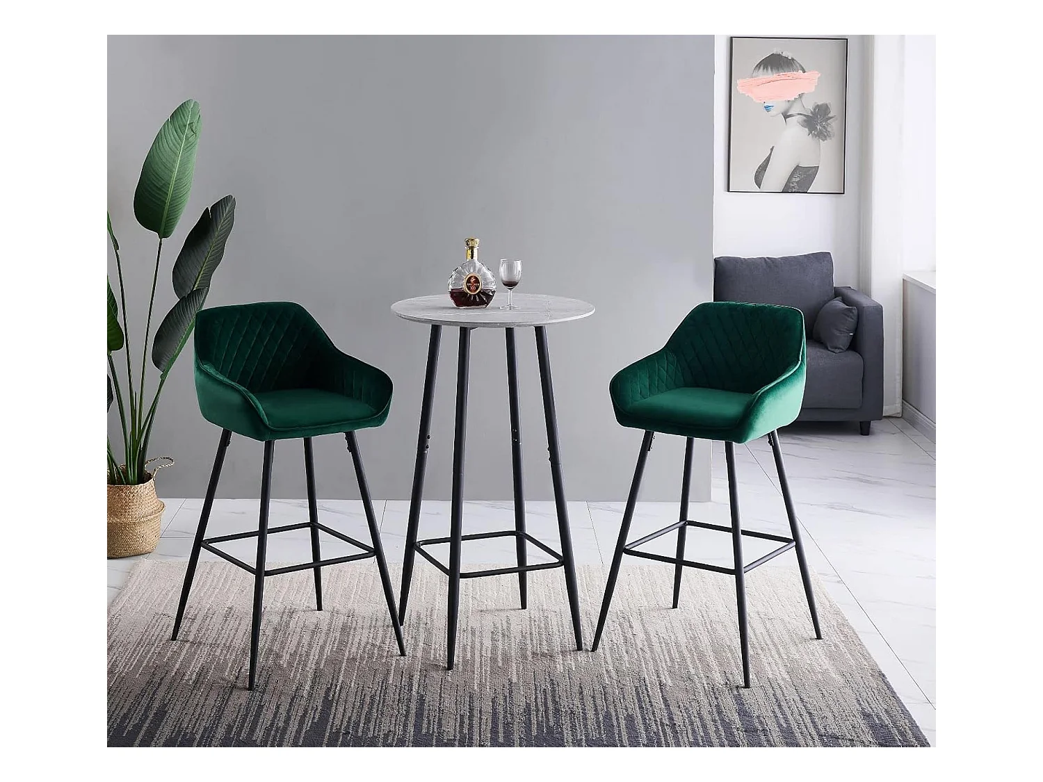 Lot de 2 tabourets de bar, siège en velours avec dossier, accoudoir et repose-pieds métallique, pour bistrots,bar ou bureaux (2, Vert)