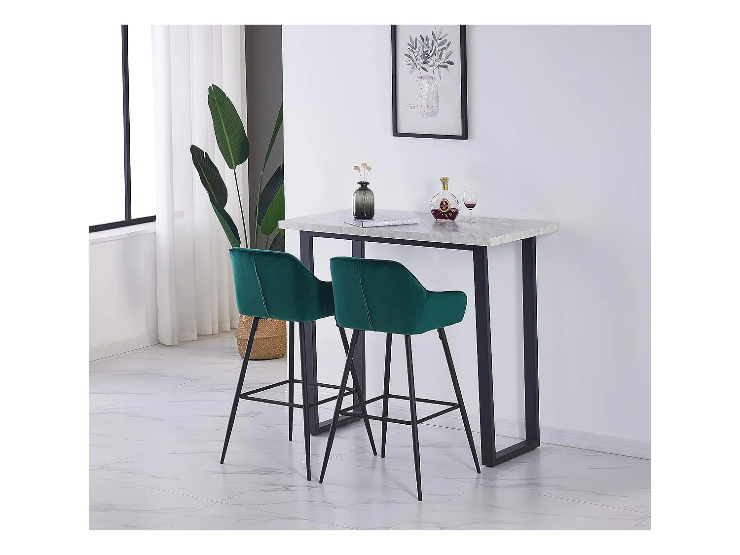 Lot de 2 tabourets de bar, siège en velours avec dossier, accoudoir et repose-pieds métallique, pour bistrots,bar ou bureaux (2, Vert)