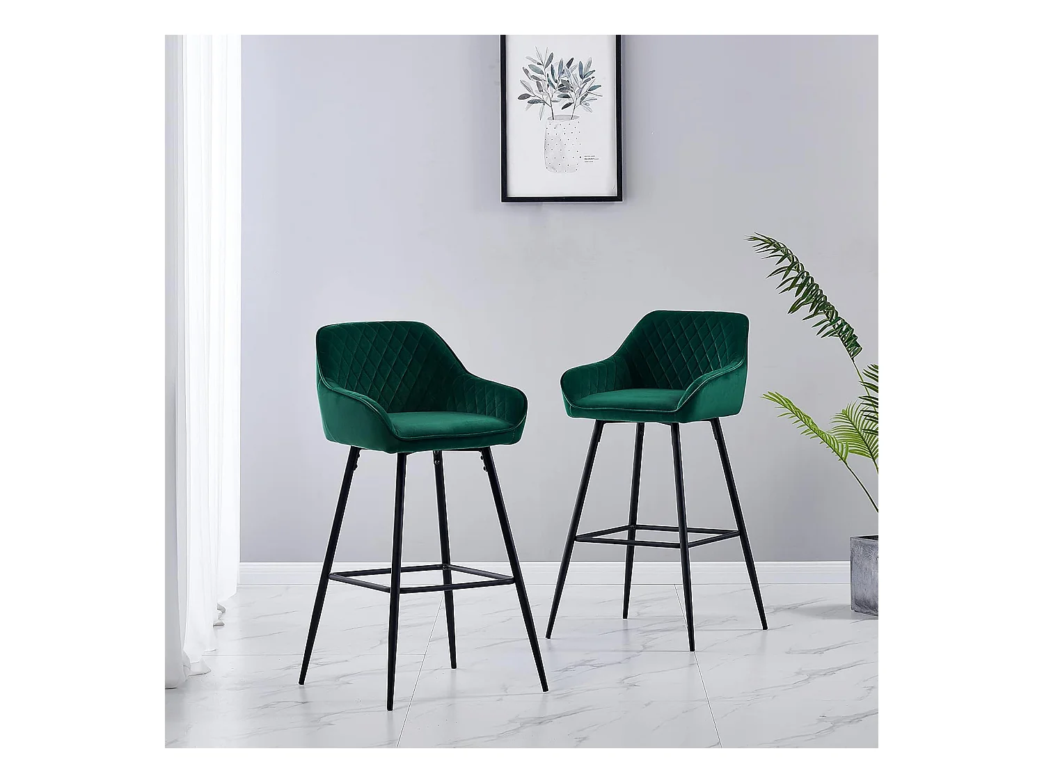 Lot de 2 tabourets de bar, siège en velours avec dossier, accoudoir et repose-pieds métallique, pour bistrots,bar ou bureaux (2, Vert)