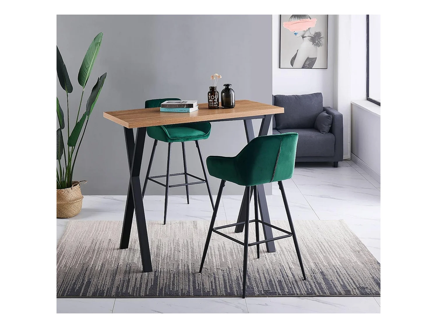 Lot de 2 tabourets de bar, siège en velours avec dossier, accoudoir et repose-pieds métallique, pour bistrots,bar ou bureaux (2, Vert)