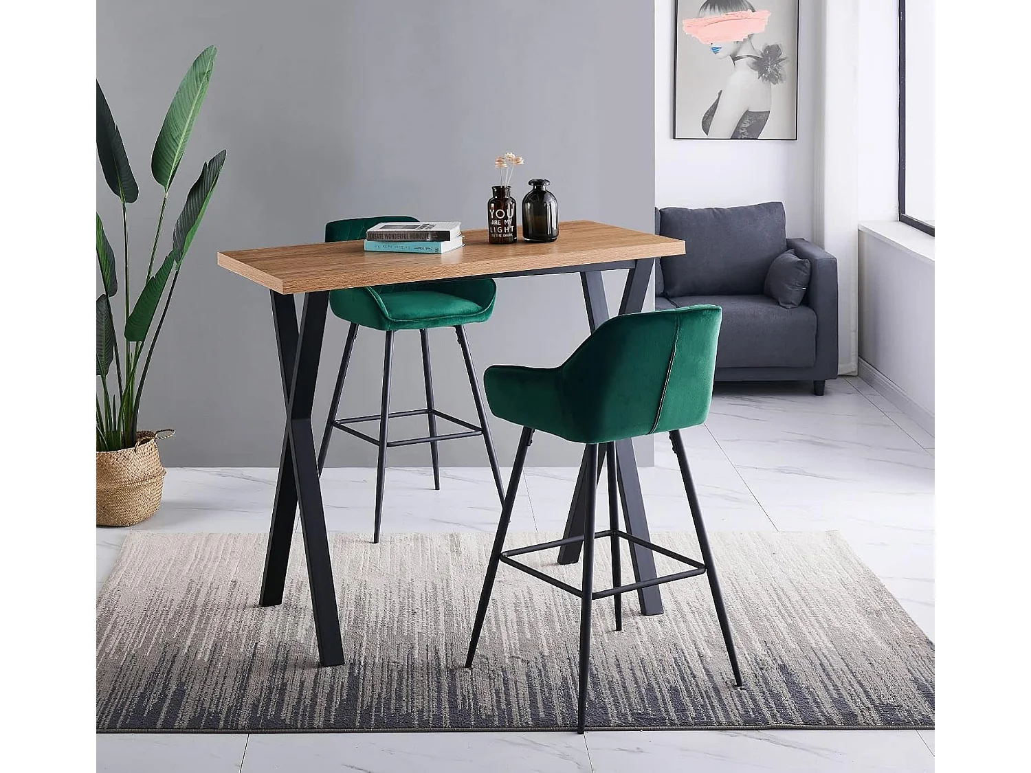 Lot de 2 tabourets de bar, siège en velours avec dossier, accoudoir et repose-pieds métallique, pour bistrots,bar ou bureaux (2, Vert)