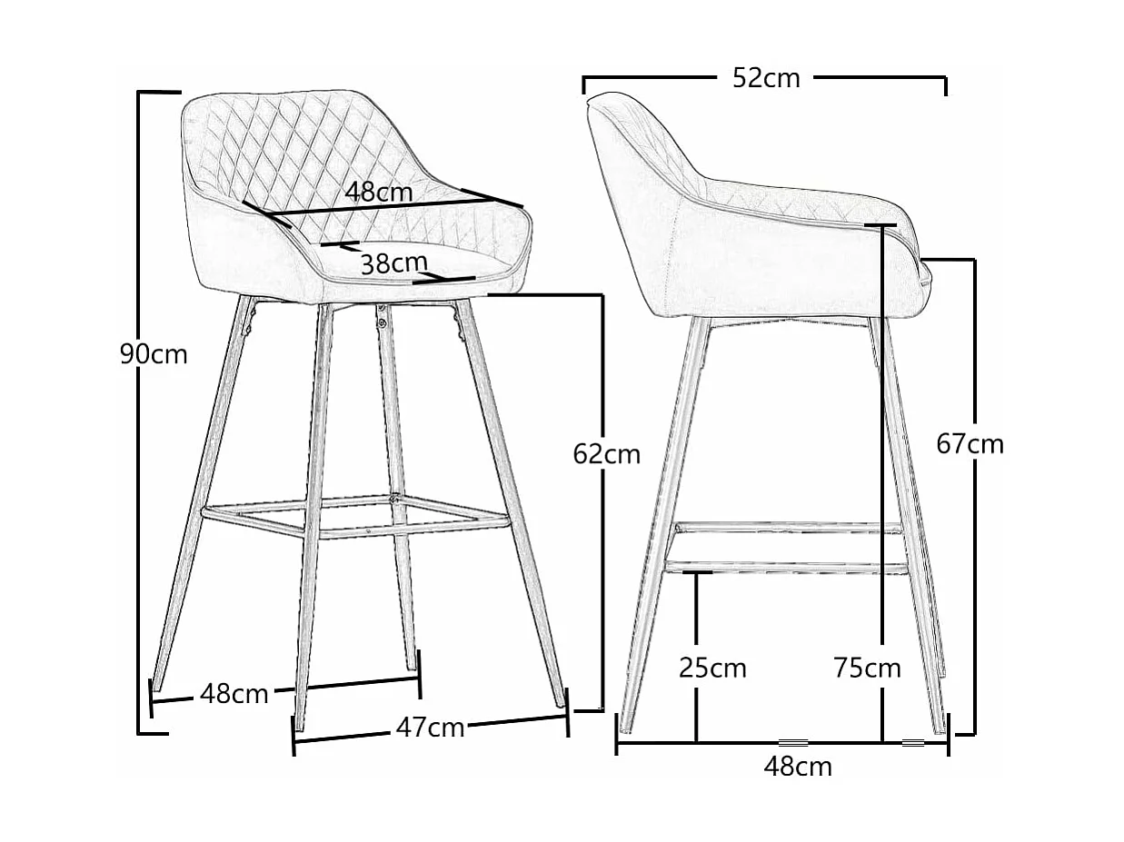 Lot de 2 tabourets de bar, siège en velours avec dossier, accoudoir et repose-pieds métallique, pour bistrots,bar ou bureaux (2, Vert)