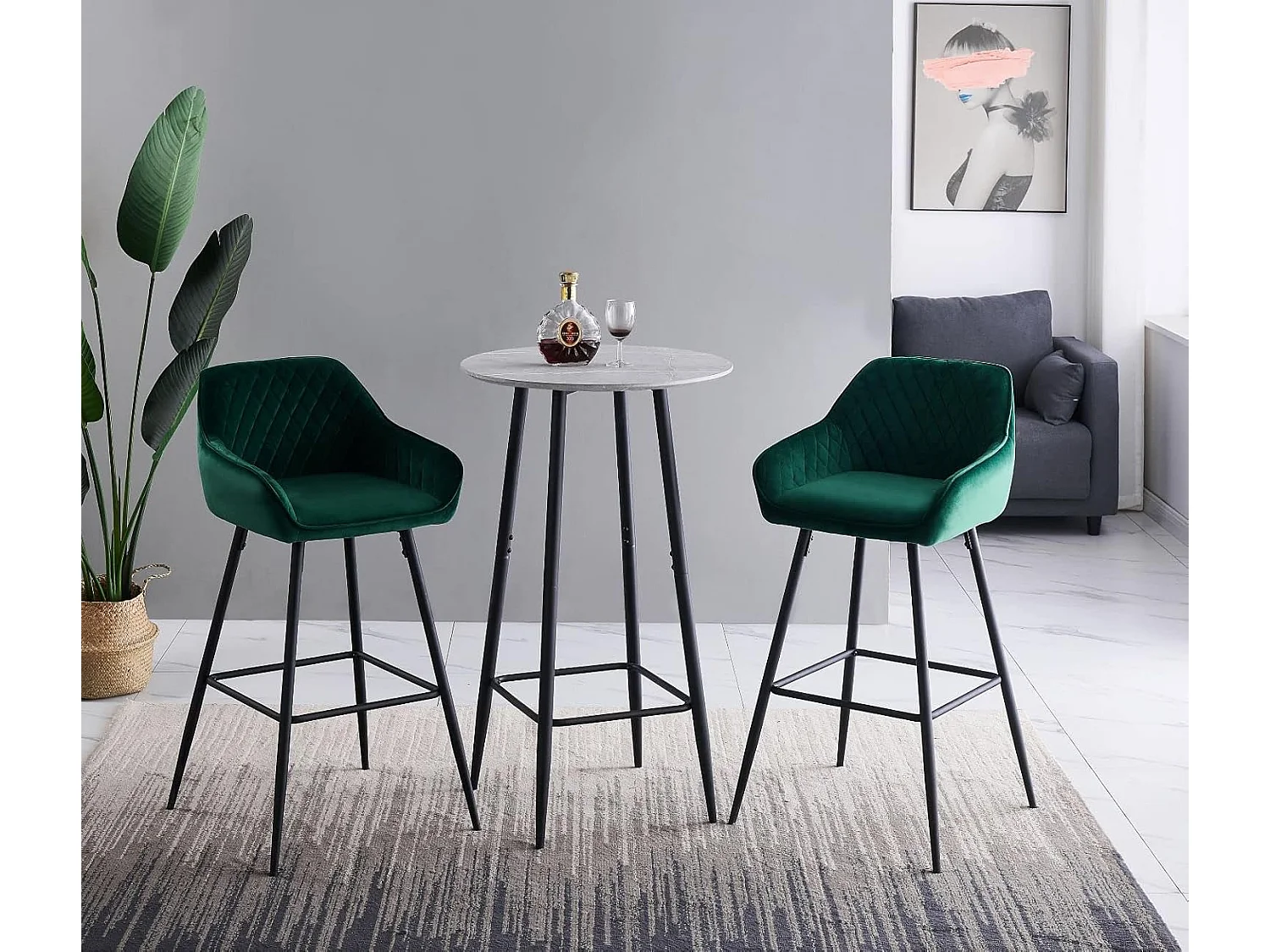 Lot de 2 tabourets de bar, siège en velours avec dossier, accoudoir et repose-pieds métallique, pour bistrots,bar ou bureaux (2, Vert)