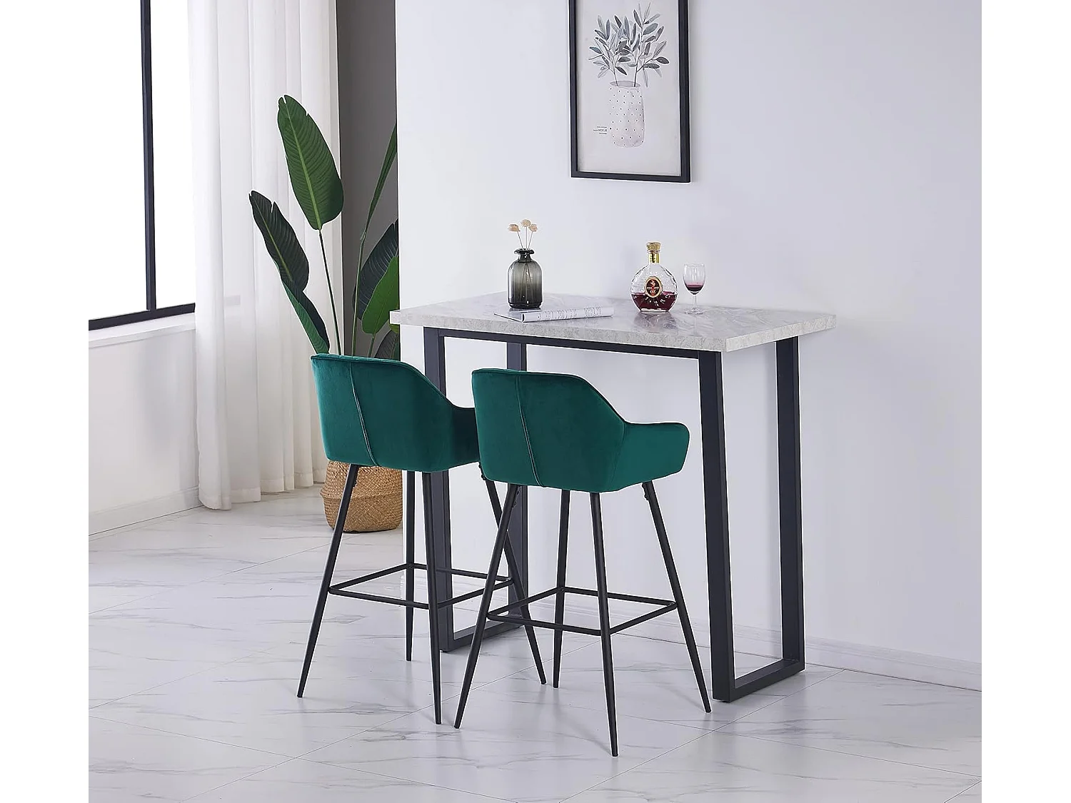 Lot de 2 tabourets de bar, siège en velours avec dossier, accoudoir et repose-pieds métallique, pour bistrots,bar ou bureaux (2, Vert)