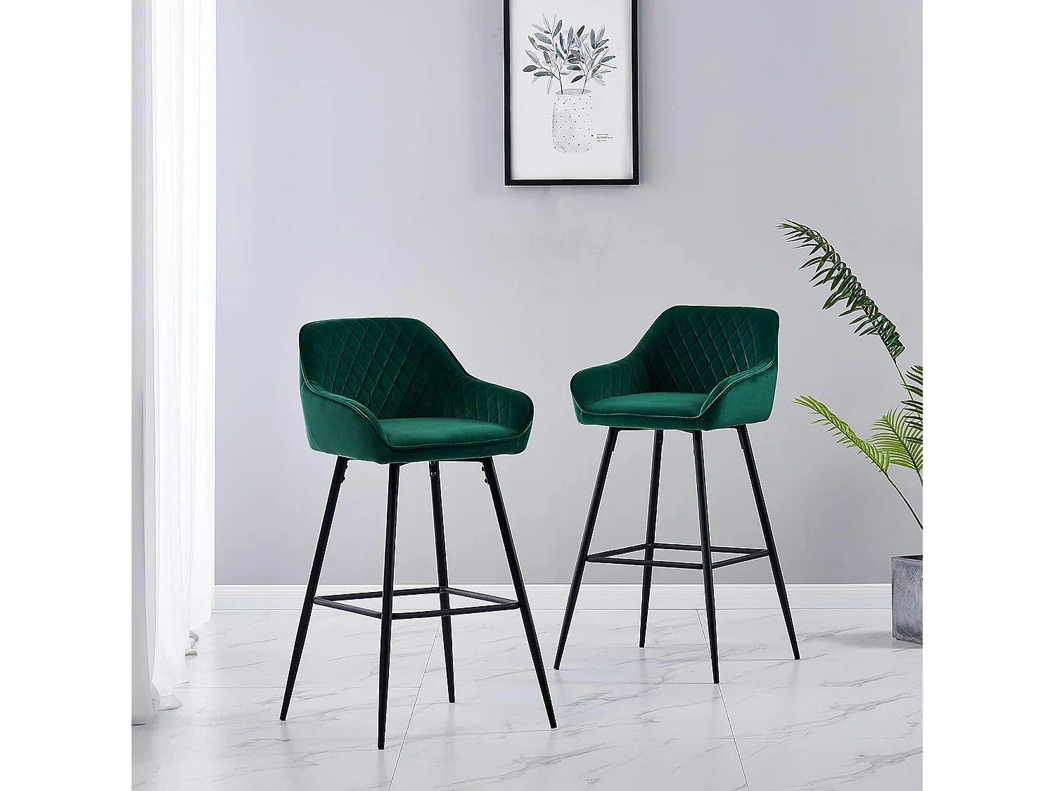 Lot de 2 tabourets de bar, siège en velours avec dossier, accoudoir et repose-pieds métallique, pour bistrots,bar ou bureaux (2, Vert)