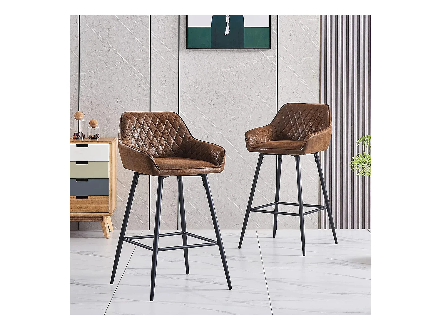 Lot de 2 tabourets de bar, siège en similicuir avec dossier, accoudoirs et repose-pieds métalliques, pour bistrots, bars ou bureaux (2, Brun)