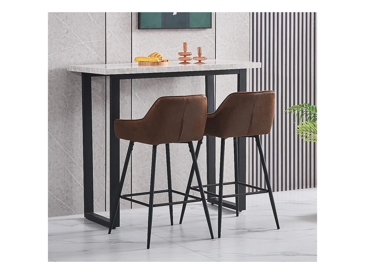 Lot de 2 tabourets de bar, siège en similicuir avec dossier, accoudoirs et repose-pieds métalliques, pour bistrots, bars ou bureaux (2, Brun)