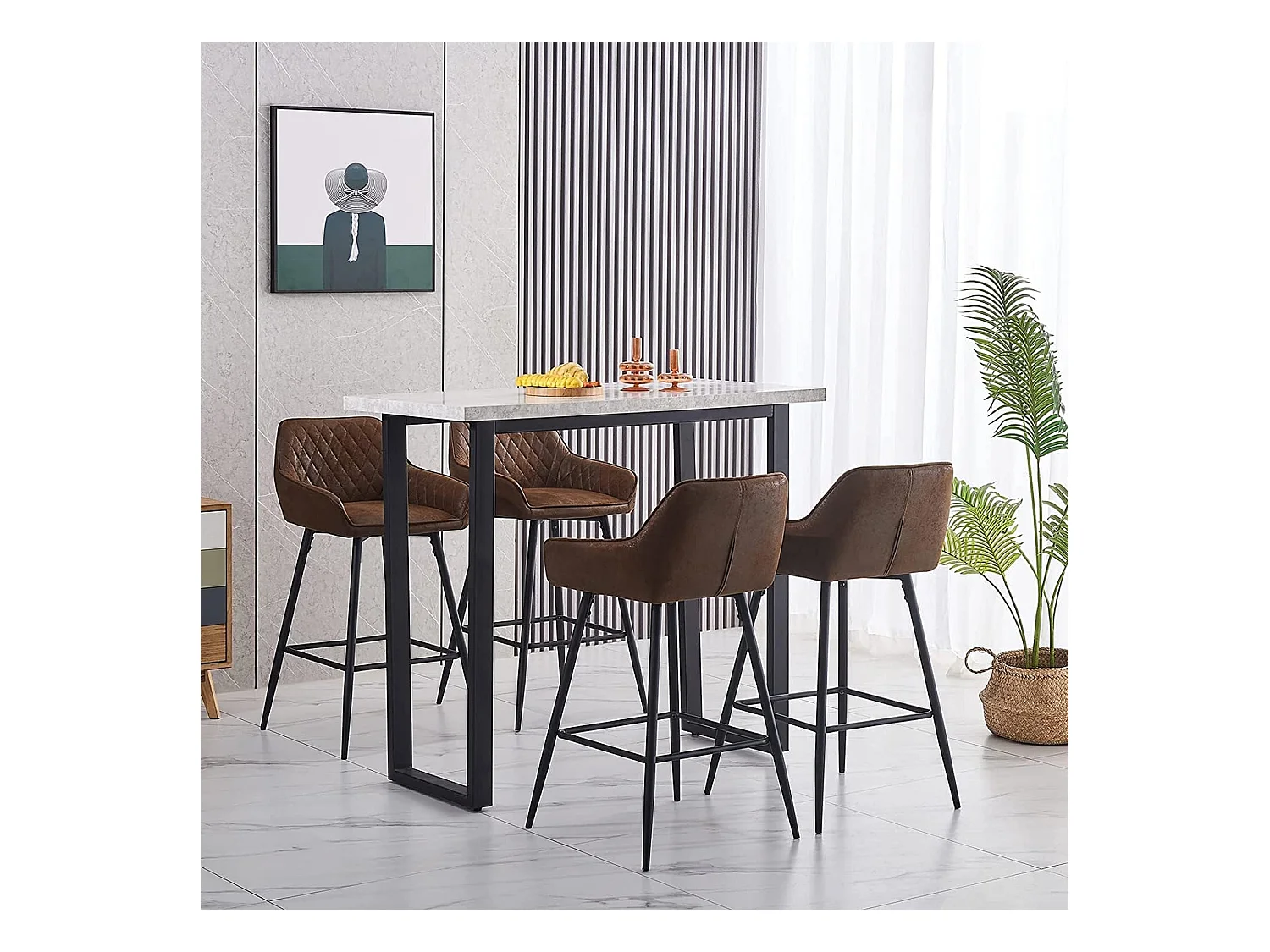 Lot de 2 tabourets de bar, siège en similicuir avec dossier, accoudoirs et repose-pieds métalliques, pour bistrots, bars ou bureaux (2, Brun)