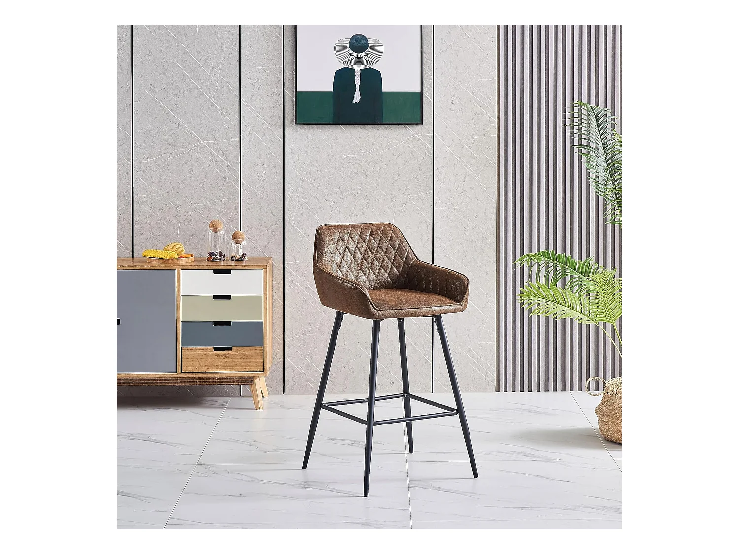 Lot de 2 tabourets de bar, siège en similicuir avec dossier, accoudoirs et repose-pieds métalliques, pour bistrots, bars ou bureaux (2, Brun)