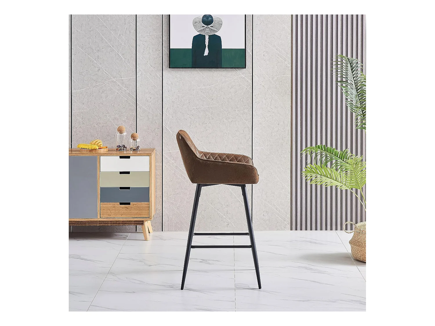 Lot de 2 tabourets de bar, siège en similicuir avec dossier, accoudoirs et repose-pieds métalliques, pour bistrots, bars ou bureaux (2, Brun)