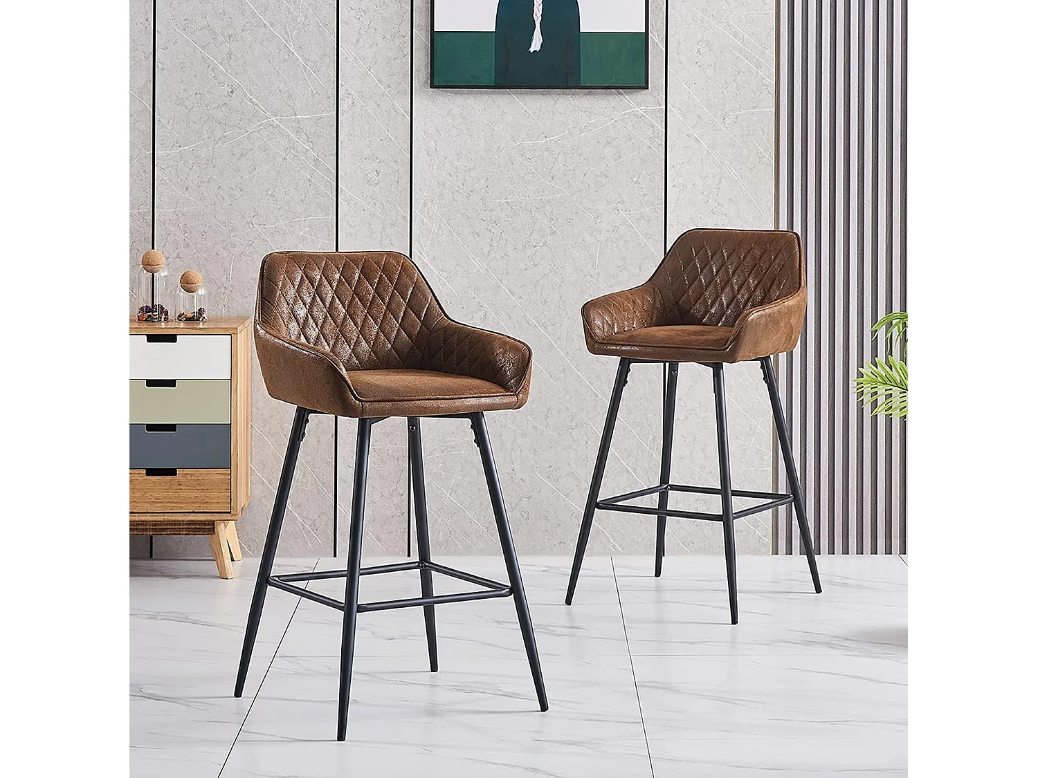 Lot de 2 tabourets de bar, siège en similicuir avec dossier, accoudoirs et repose-pieds métalliques, pour bistrots, bars ou bureaux (2, Brun)