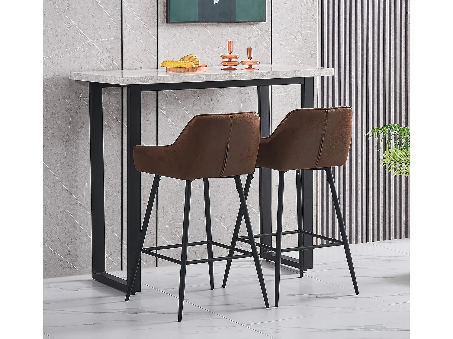 Lot de 2 tabourets de bar, siège en similicuir avec dossier, accoudoirs et repose-pieds métalliques, pour bistrots, bars ou bureaux (2, Brun)