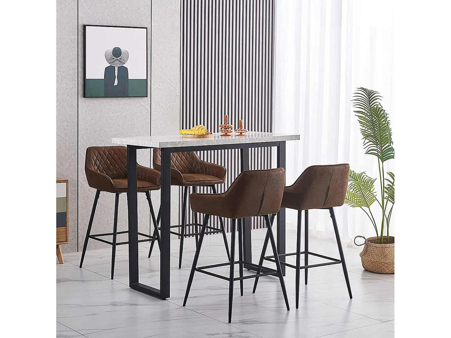 Lot de 2 tabourets de bar, siège en similicuir avec dossier, accoudoirs et repose-pieds métalliques, pour bistrots, bars ou bureaux (2, Brun)