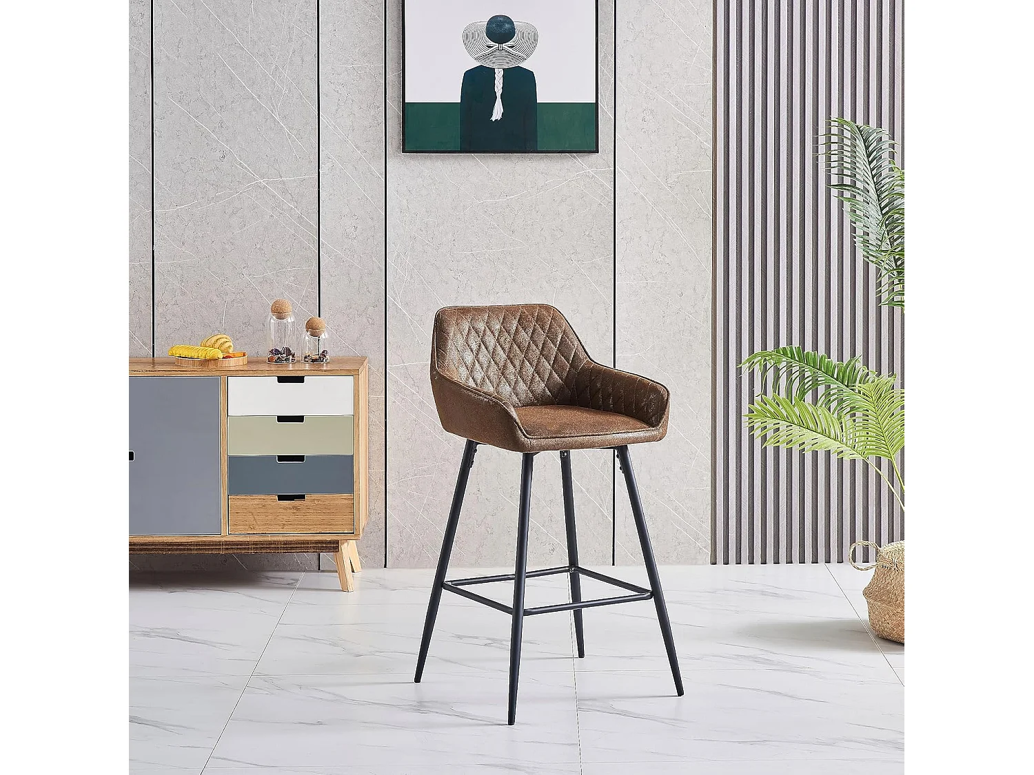 Lot de 2 tabourets de bar, siège en similicuir avec dossier, accoudoirs et repose-pieds métalliques, pour bistrots, bars ou bureaux (2, Brun)