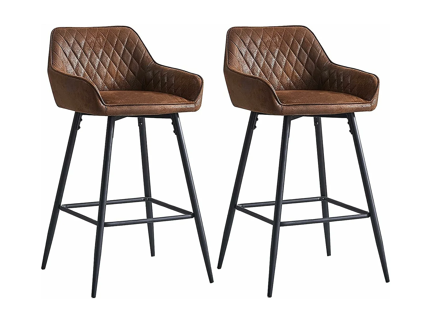 Lot de 2 tabourets de bar, siège en similicuir avec dossier, accoudoirs et repose-pieds métalliques, pour bistrots, bars ou bureaux (2, Brun)