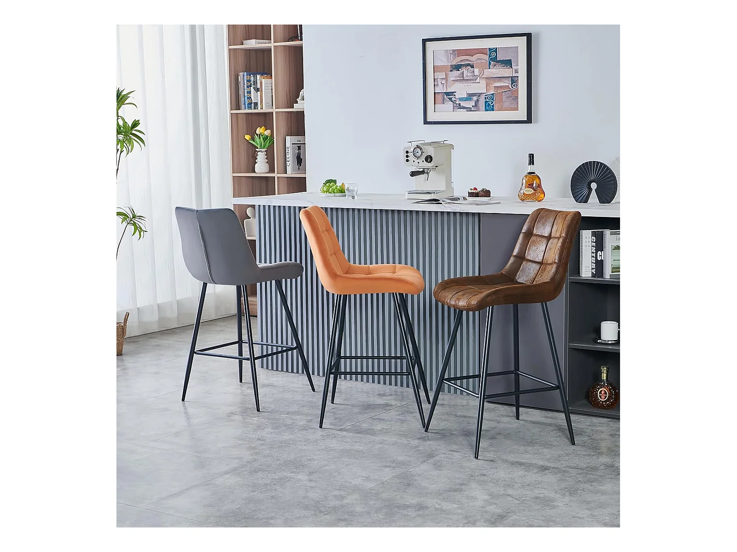 Lot de 2 Tabouret de Bar Haut,Chaise de Bar avec Dossier et Repose-Pieds en métal, avec Rembourrage, pour Bar, Cuisine, Salle à Manger (2, PU Braun)
