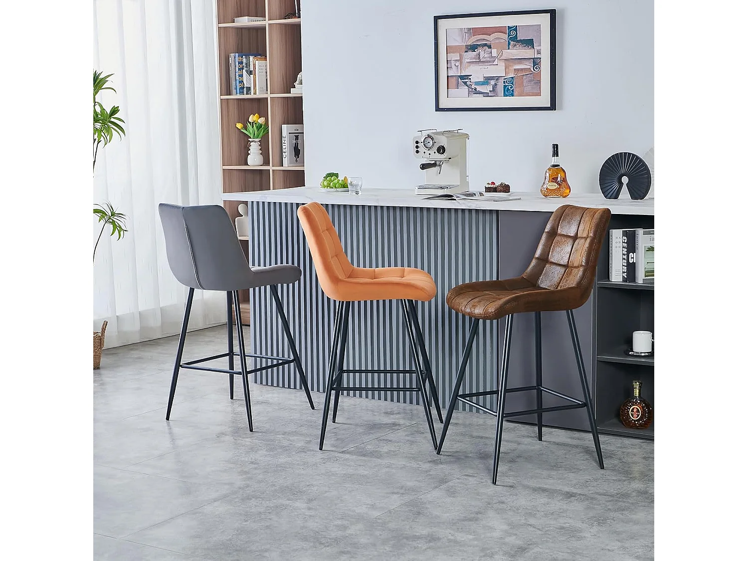 Lot de 2 Tabouret de Bar Haut,Chaise de Bar avec Dossier et Repose-Pieds en métal, avec Rembourrage, pour Bar, Cuisine, Salle à Manger (2, PU Braun)
