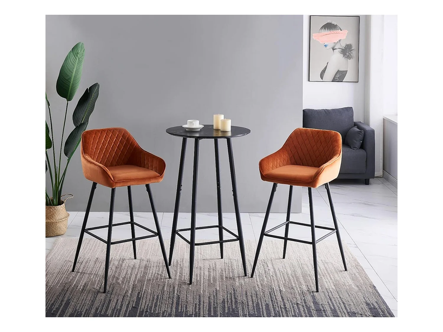 Lot de 2 tabourets de bar, siège en velours avec dossier, accoudoir et repose-pieds métallique, pour bistrots,bar ou bureaux (2, Orange)