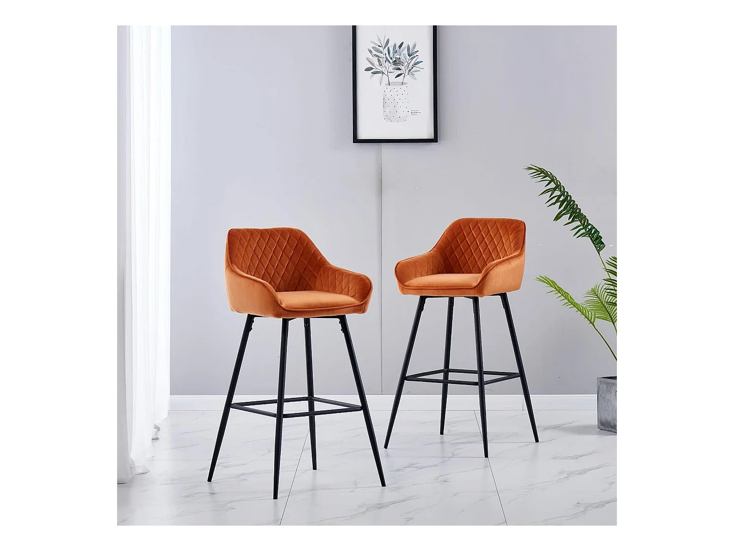 Lot de 2 tabourets de bar, siège en velours avec dossier, accoudoir et repose-pieds métallique, pour bistrots,bar ou bureaux (2, Orange)