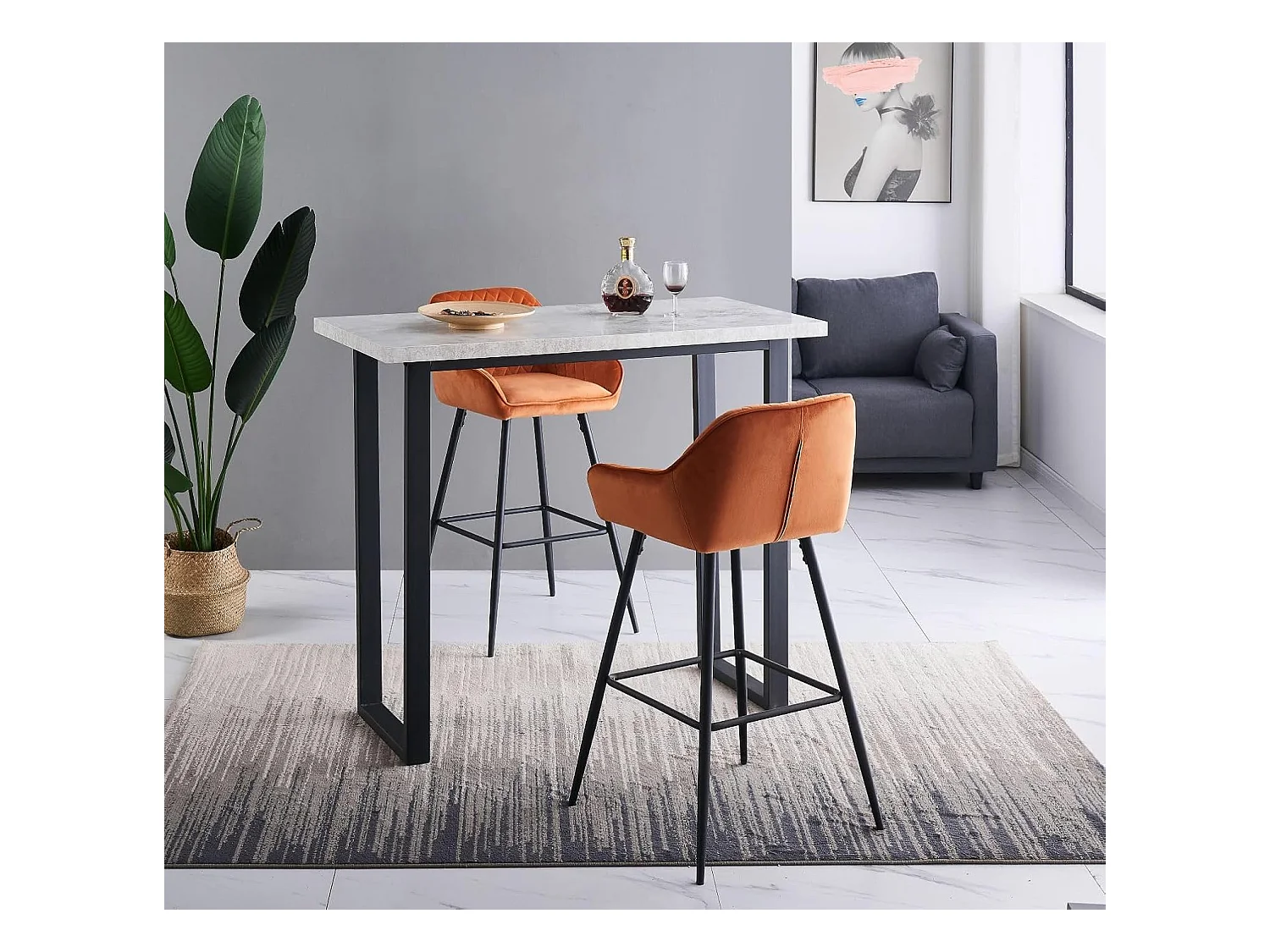 Lot de 2 tabourets de bar, siège en velours avec dossier, accoudoir et repose-pieds métallique, pour bistrots,bar ou bureaux (2, Orange)